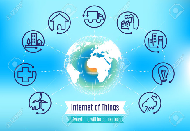 Vector : Infographic about Internet of Things with globe on blue abstract background, Technology concept.
